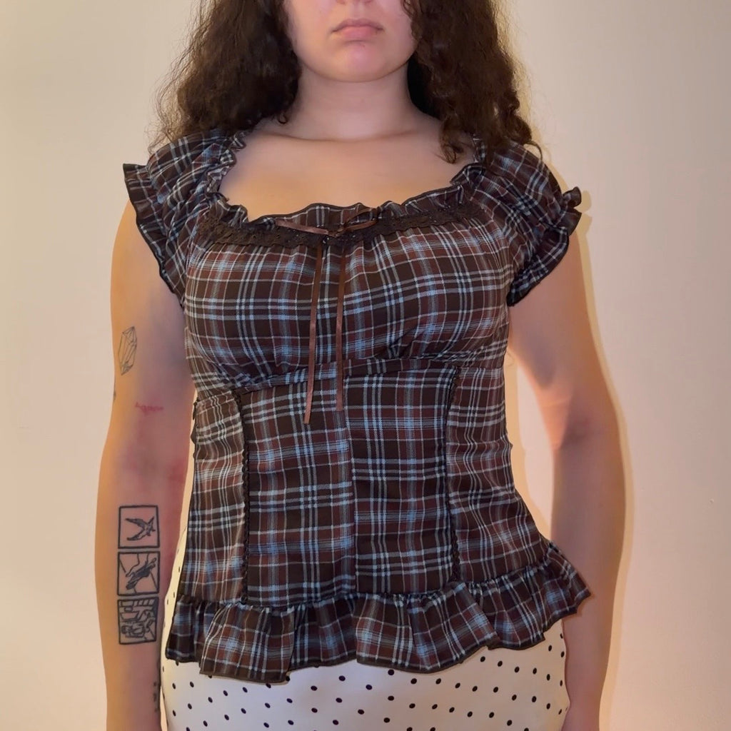 Brown and Blue plaid Top - Size S