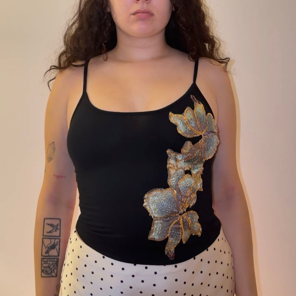 Black Top with Floral Embroidery - Size S