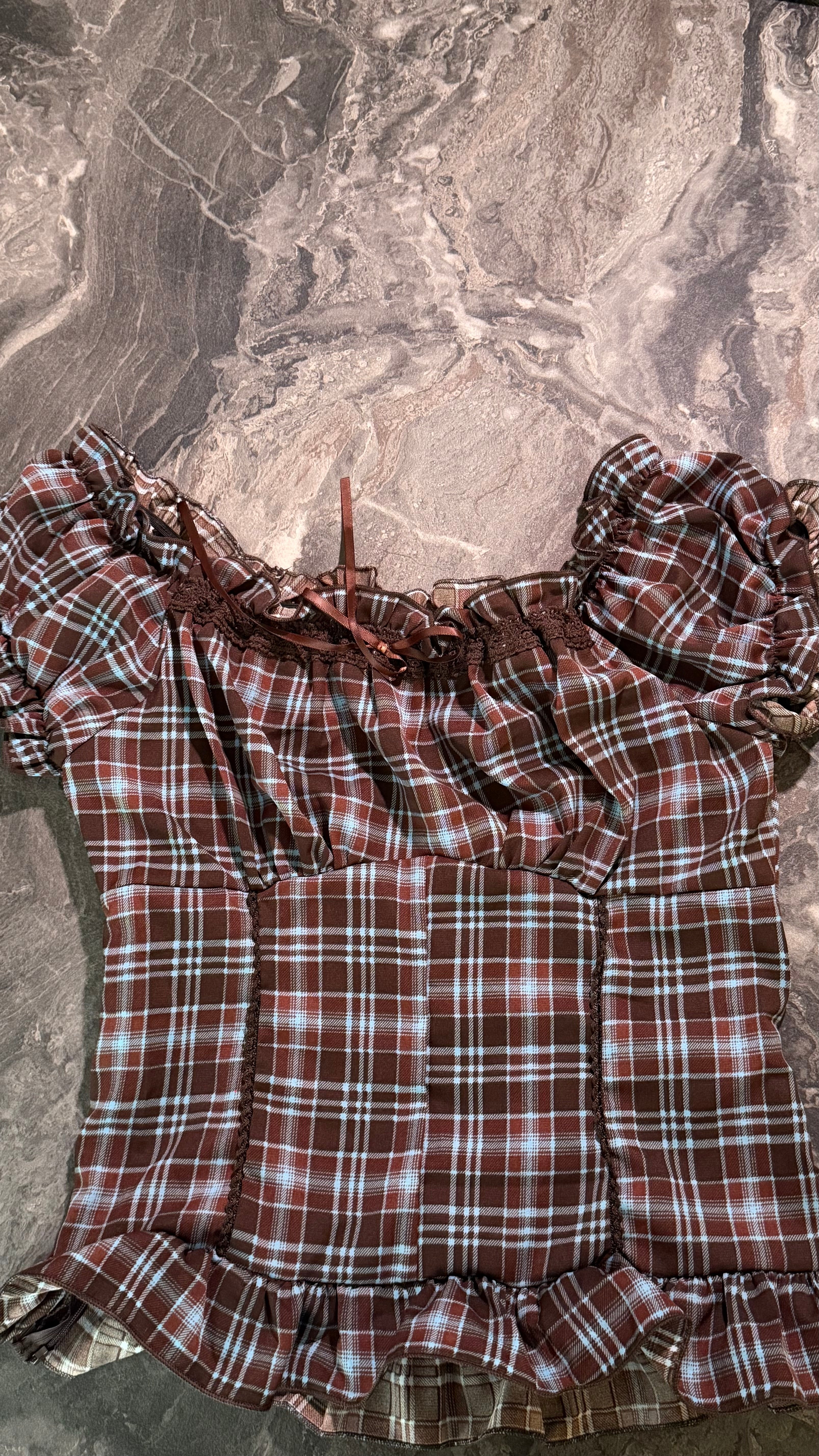 Brown and Blue plaid Top - Size S