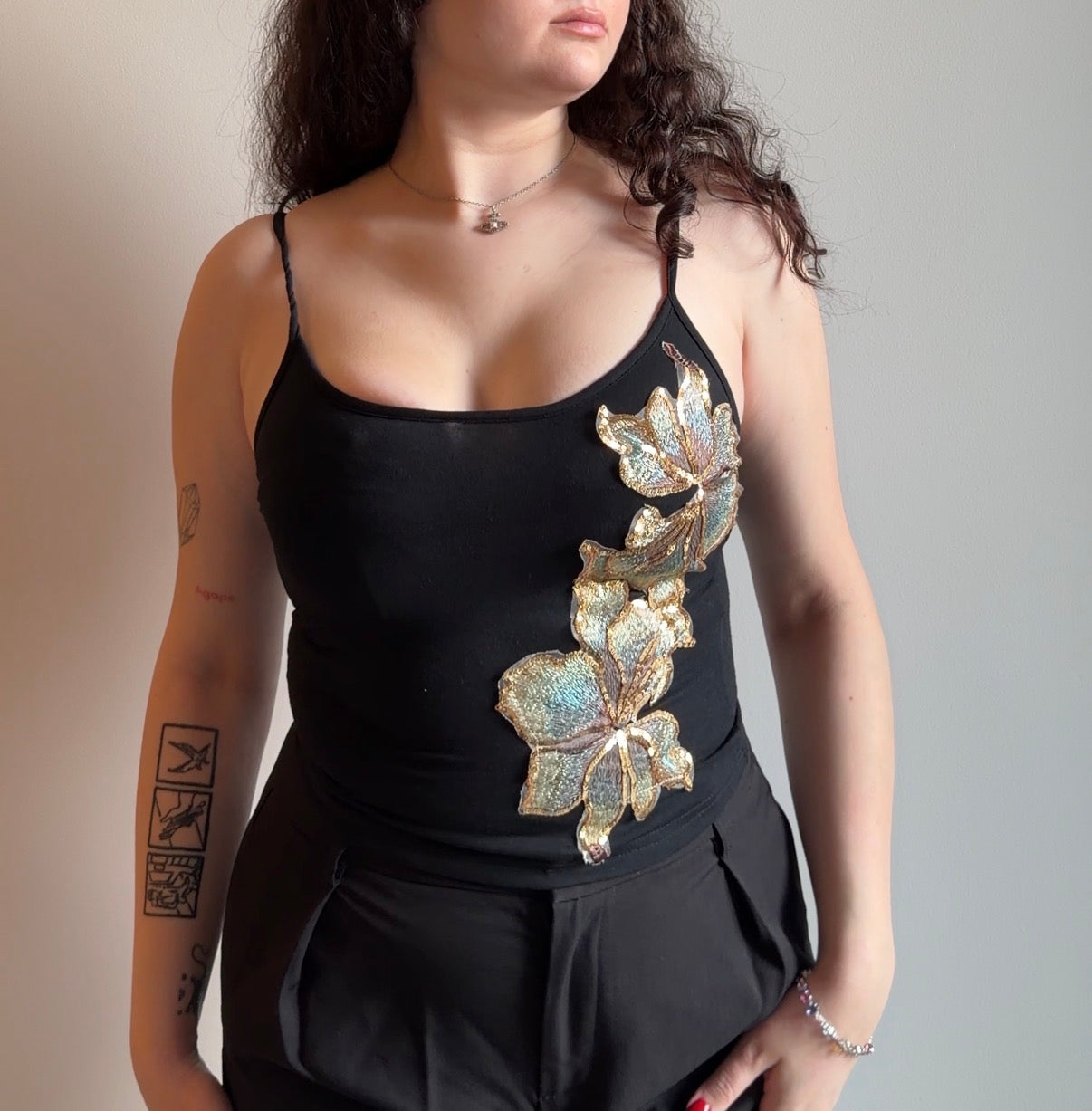Black Top with Floral Embroidery - Size S