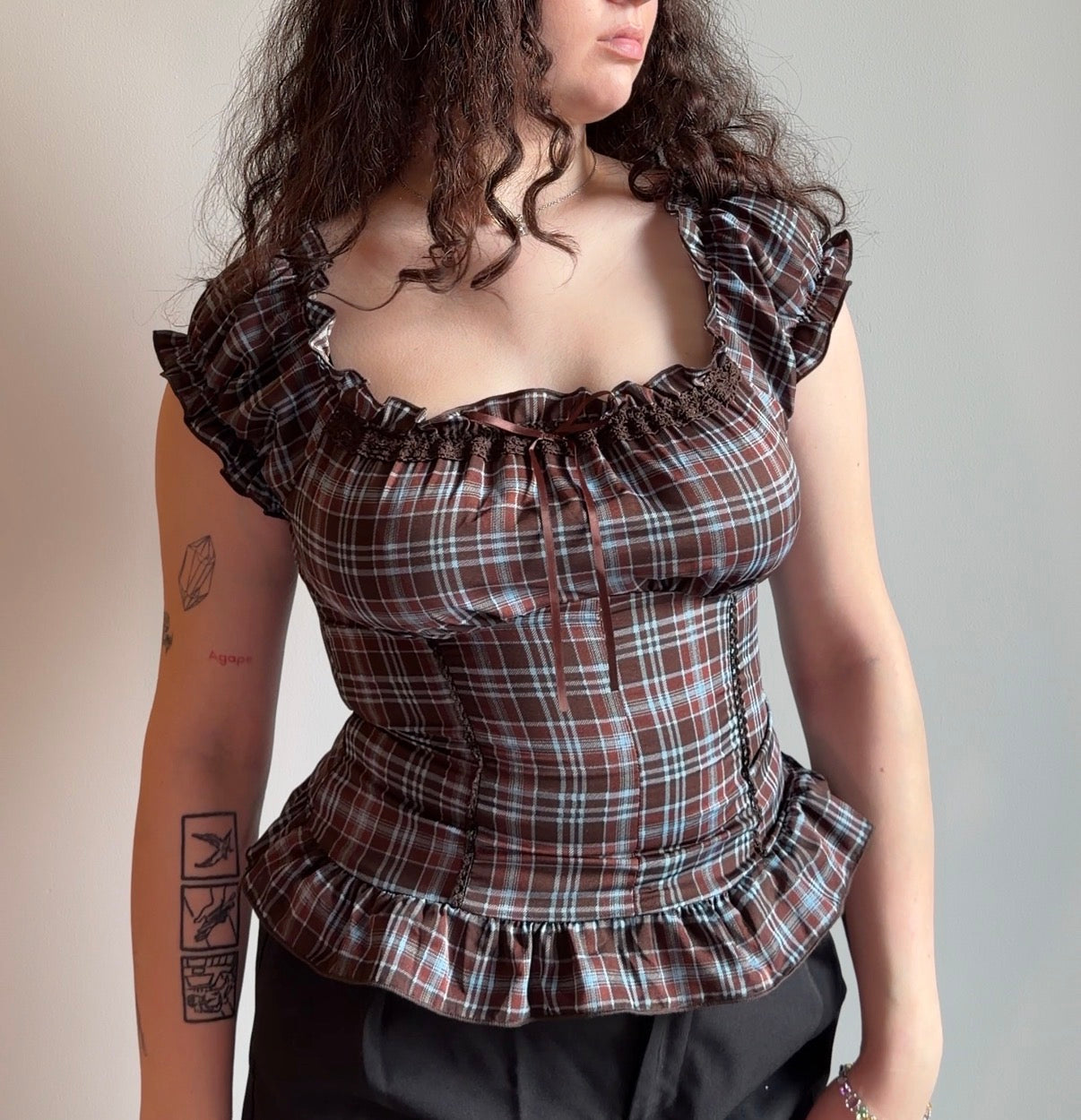 Brown and Blue plaid Top - Size S