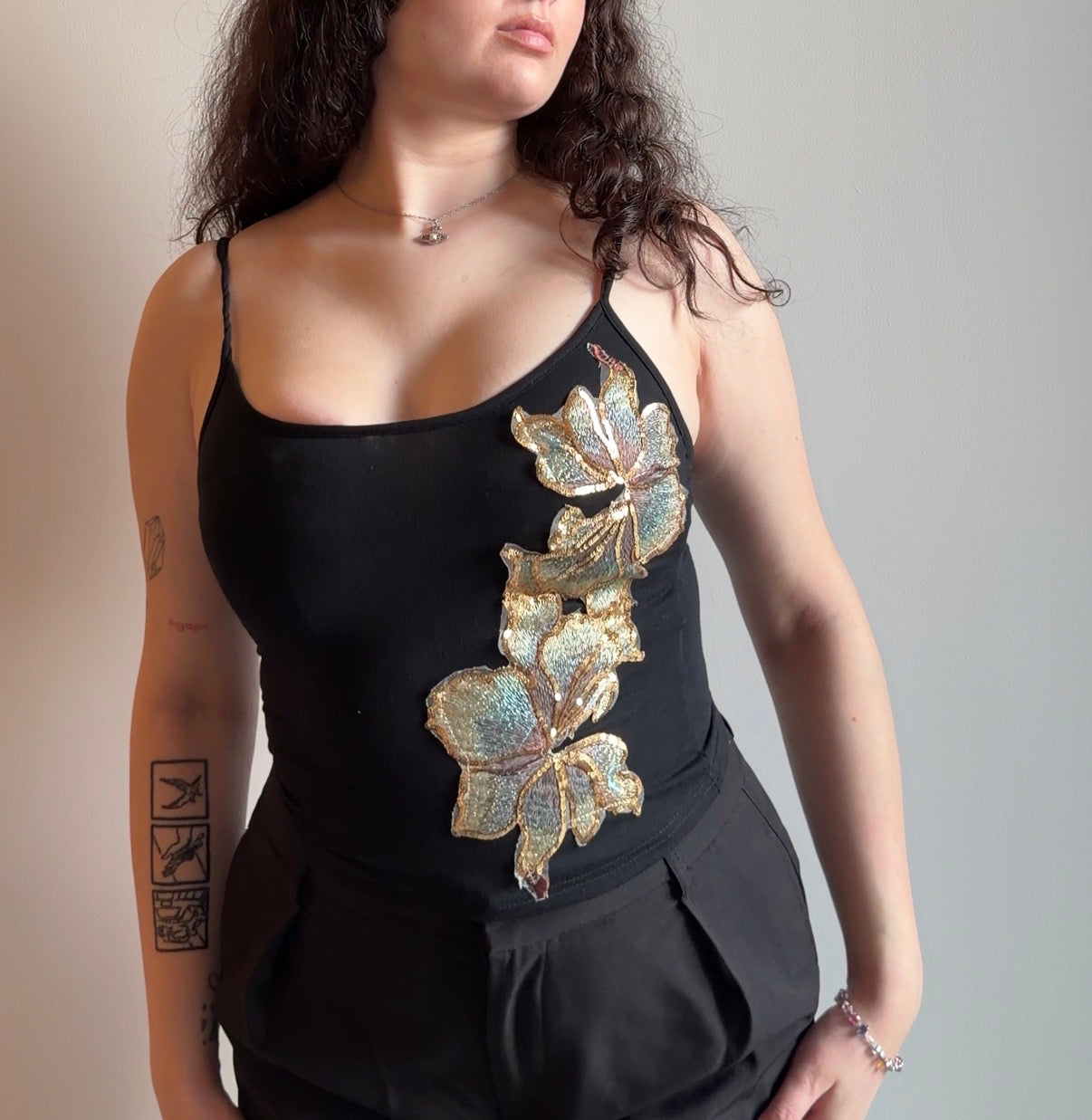 Black Top with Floral Embroidery - Size S