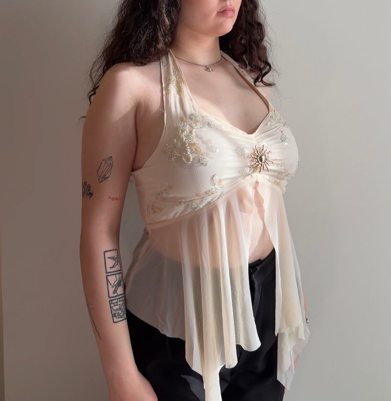 Beige Embroidery Chiffon Top - Size M