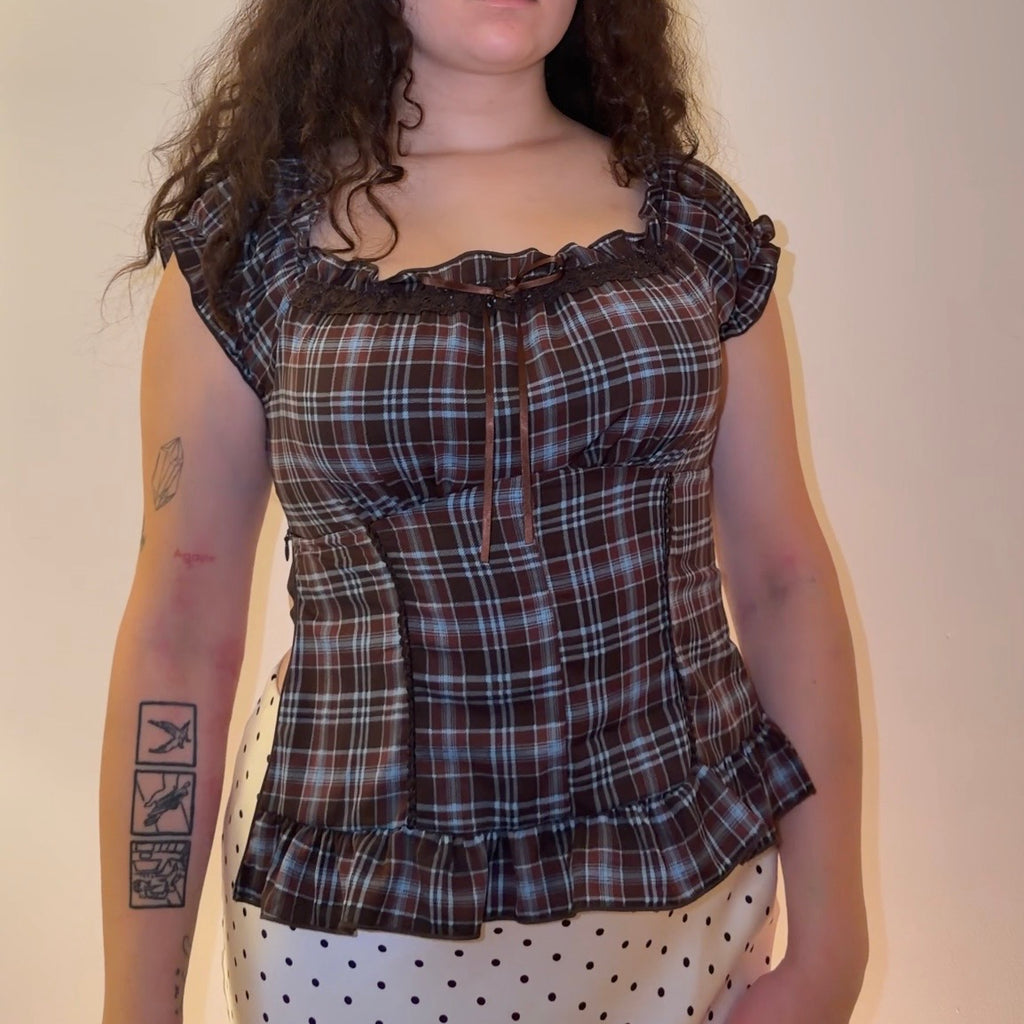 Brown and Blue plaid Top - Size S