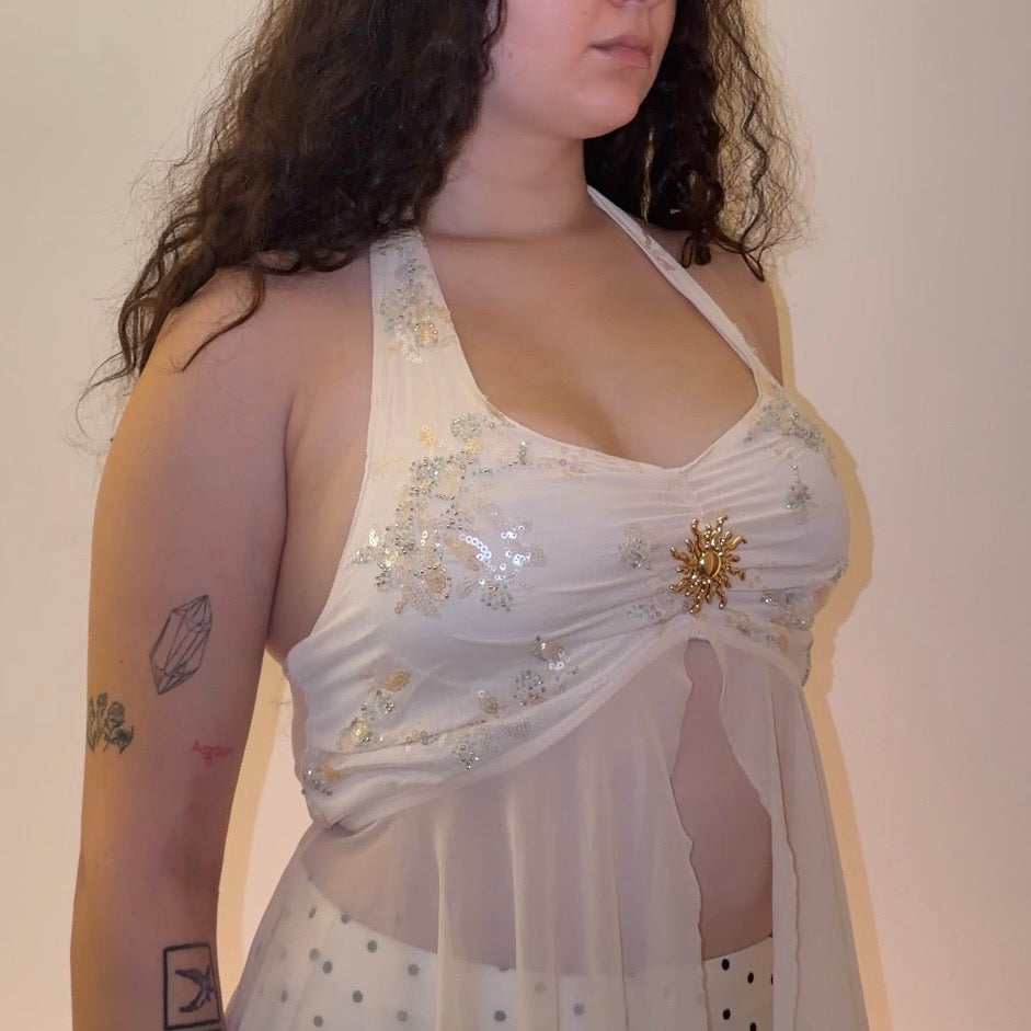 Beige Embroidery Chiffon Top - Size M
