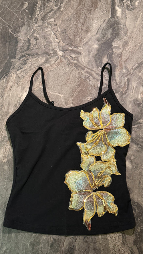 Black Top with Floral Embroidery - Size S