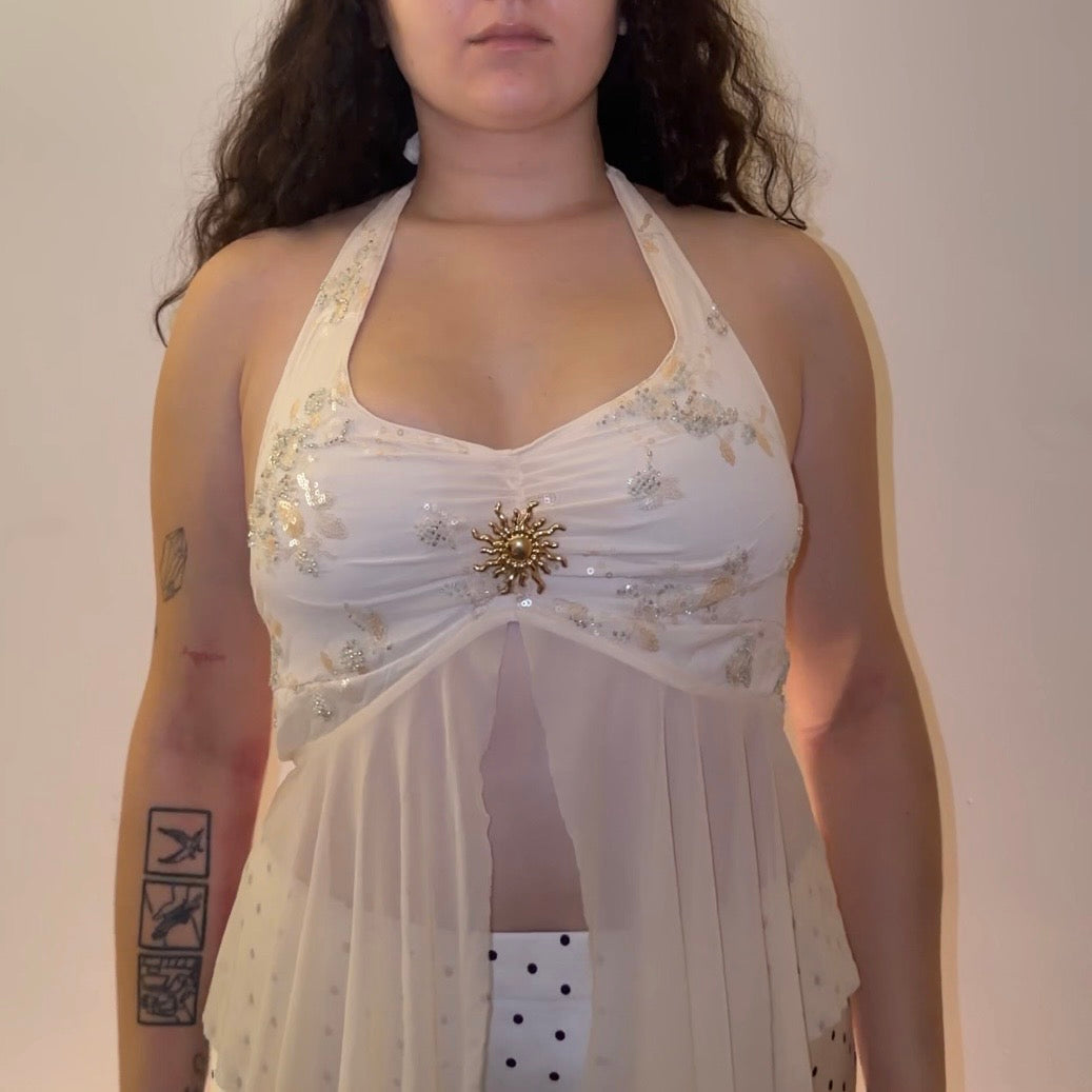 Beige Embroidery Chiffon Top - Size M