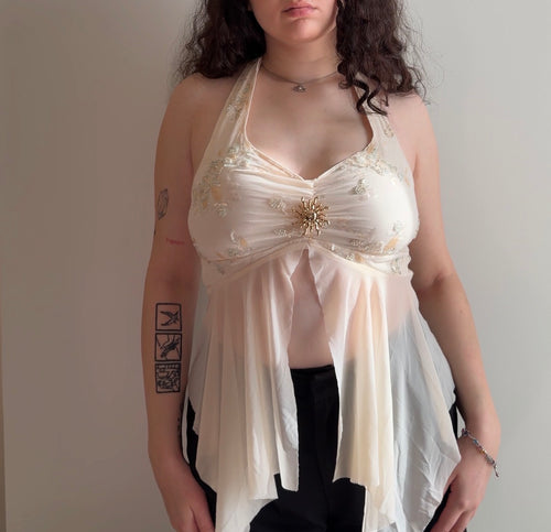 Beige Embroidery Chiffon Top - Size M